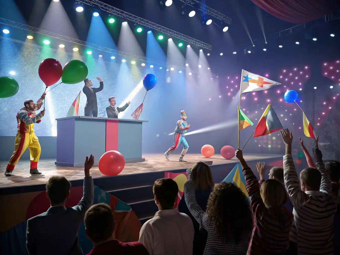 A vibrant image depicting a scene from the annual theatre festival, showcasing actors on stage with enthusiastic audience members in the background, capturing the energy and excitement of the event.