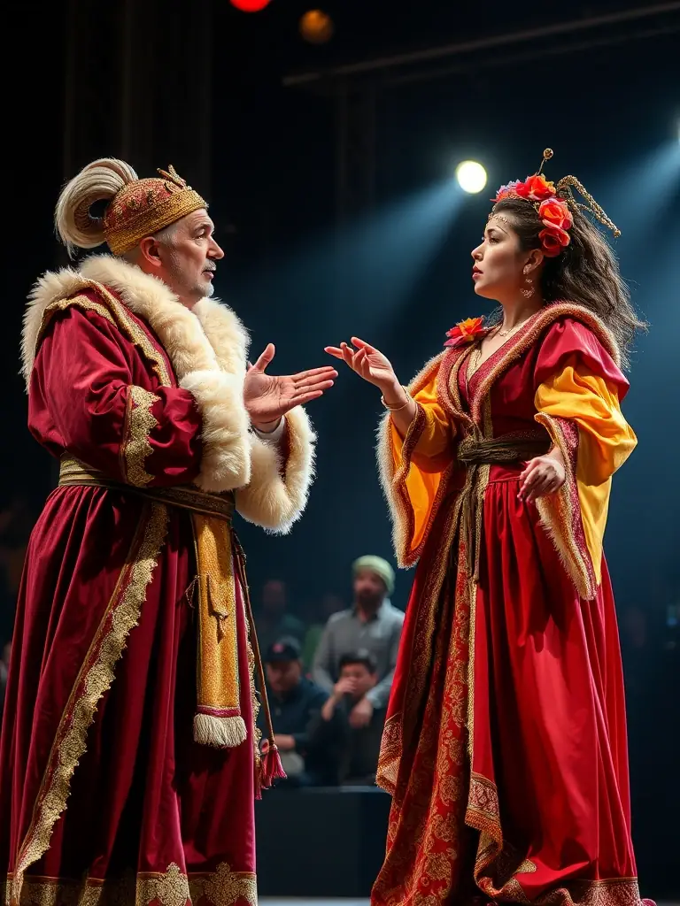 A dynamic image of a community theatre performance, showcasing local actors on stage, engaged in a dramatic scene with expressive lighting and costumes.