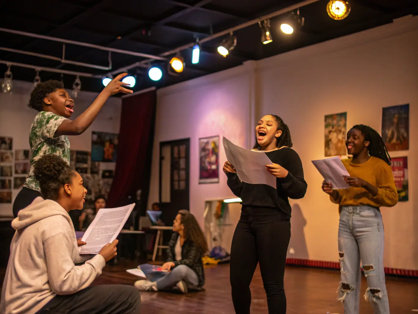 A visually appealing image of a group of young people participating in a youth theatre program, showcasing their enthusiasm and engagement in theatrical activities, emphasizing the organization's commitment to nurturing young talent.