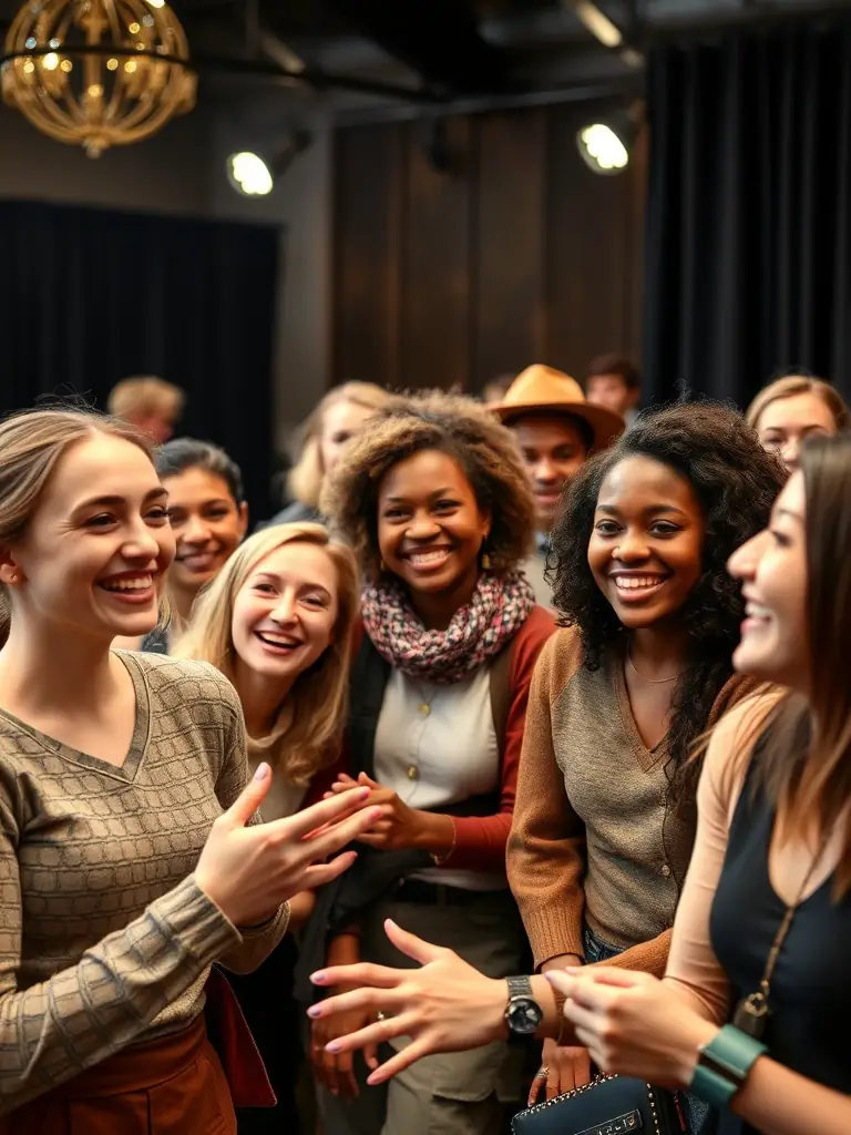 A vibrant photograph capturing a scene from a children's theatre workshop, with kids actively participating and expressing themselves creatively through acting and play.