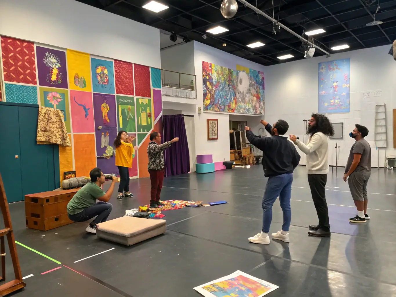 A vibrant photograph capturing a scene from one of CTRE RENCONT THEATRE FESTIVAL ST JEAN D’s theatrical workshops, showcasing participants actively engaged in a performance exercise.