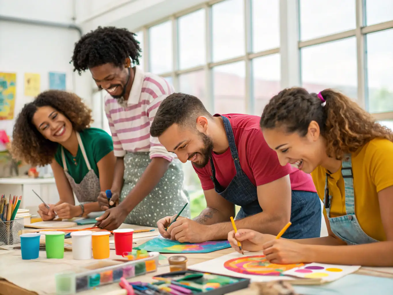 A photograph of community members collaborating on a set design project, illustrating the organization's commitment to community involvement.