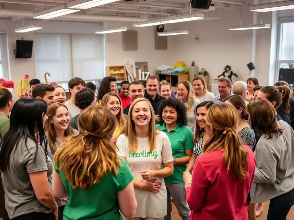A photograph of a community theatre workshop in progress, with participants actively engaged in acting exercises and creative discussions, highlighting the collaborative and educational aspects of the program.