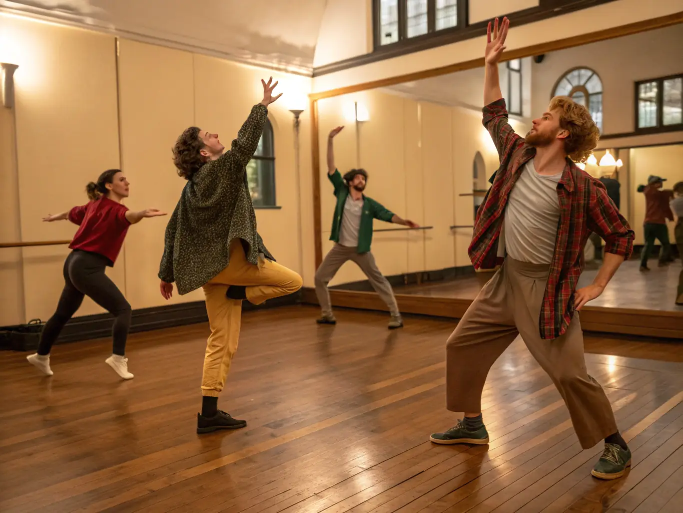 A photograph of a theatre workshop in progress, showing participants actively engaged in a scene, guided by a facilitator in a bright and welcoming studio space.