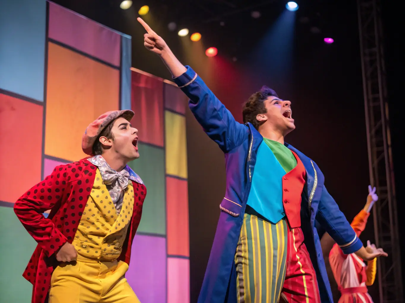 A vibrant photograph capturing a scene from one of the theatre festival's main stage performances, showcasing actors in costume with dynamic lighting and stage design.