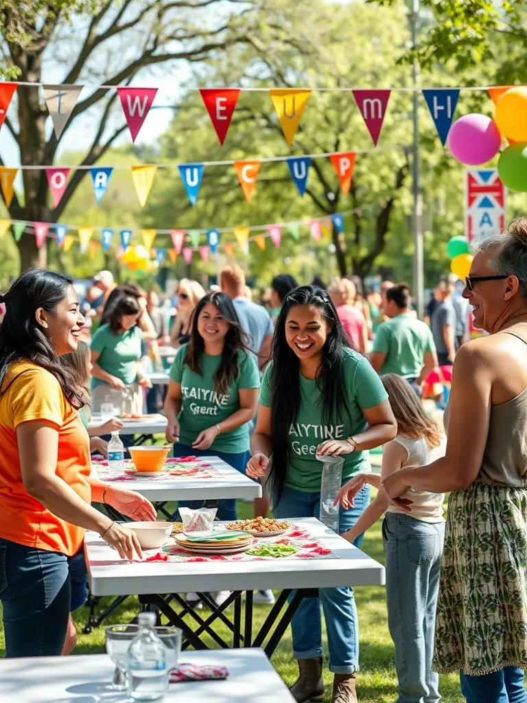 A group of diverse volunteers joyfully setting up decorations for the theatre festival, showcasing teamwork and community spirit.