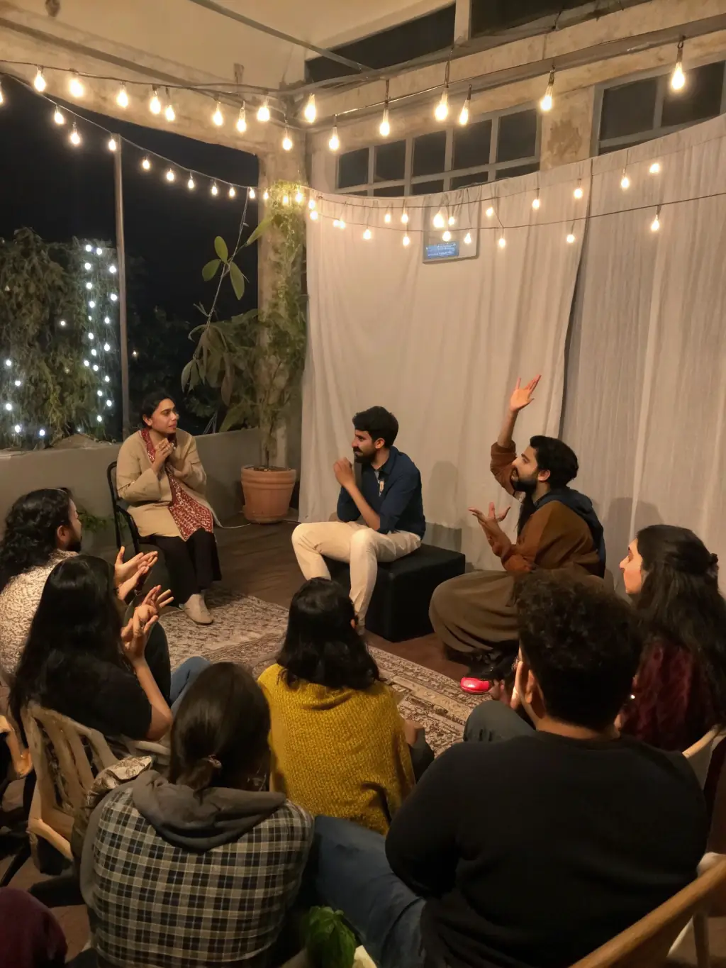 An engaging image of a post-performance discussion, with audience members and actors interacting and sharing their thoughts and interpretations of the play.