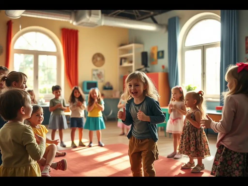 A photograph of a community outreach event, depicting actors performing for children in a local school or community center, with smiles and engagement visible on the faces of the audience.